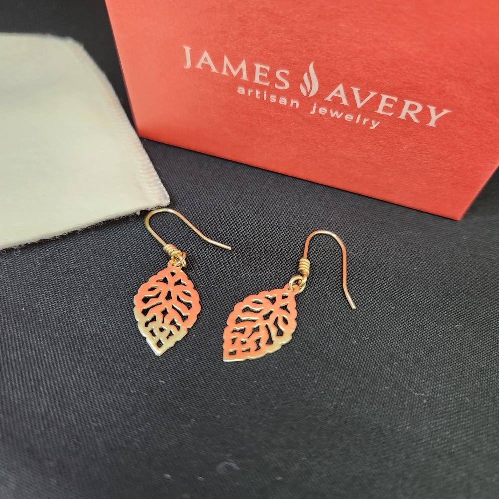 James Avery Retired Leaf Dangle Earrings 14k Yellow Gold Fishhook Style With Box - Picture 3 of 13